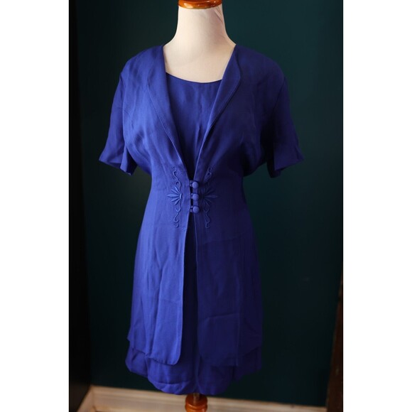 Vintage 80s 90s Tori Alexander Royal Blue Retro Button Down Embroidered Dress 10 - Picture 1 of 12
